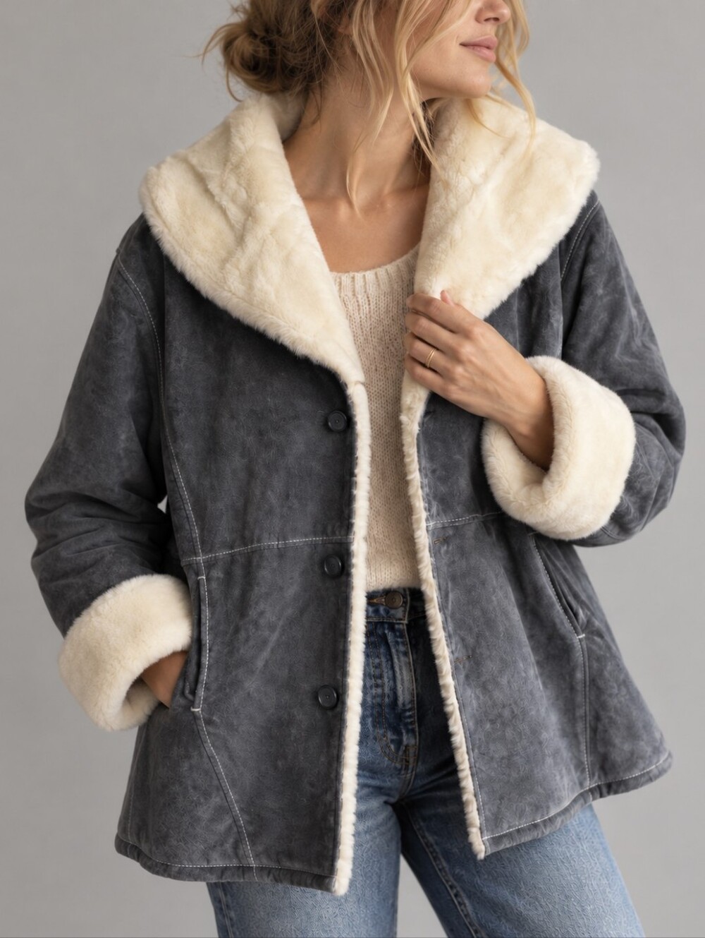 Vintage Marvin Richards Gray Genuine Leather Faux Fur Coat Jacket Womens Size 2X